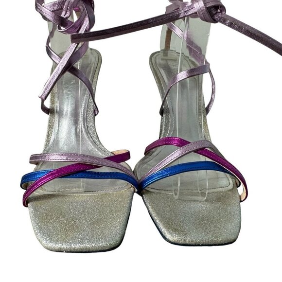 ZARA Blue Collection Sparkle Heels Lace-Up Glitter Metallic Formal Womens 7.5/38 - Picture 9 of 14